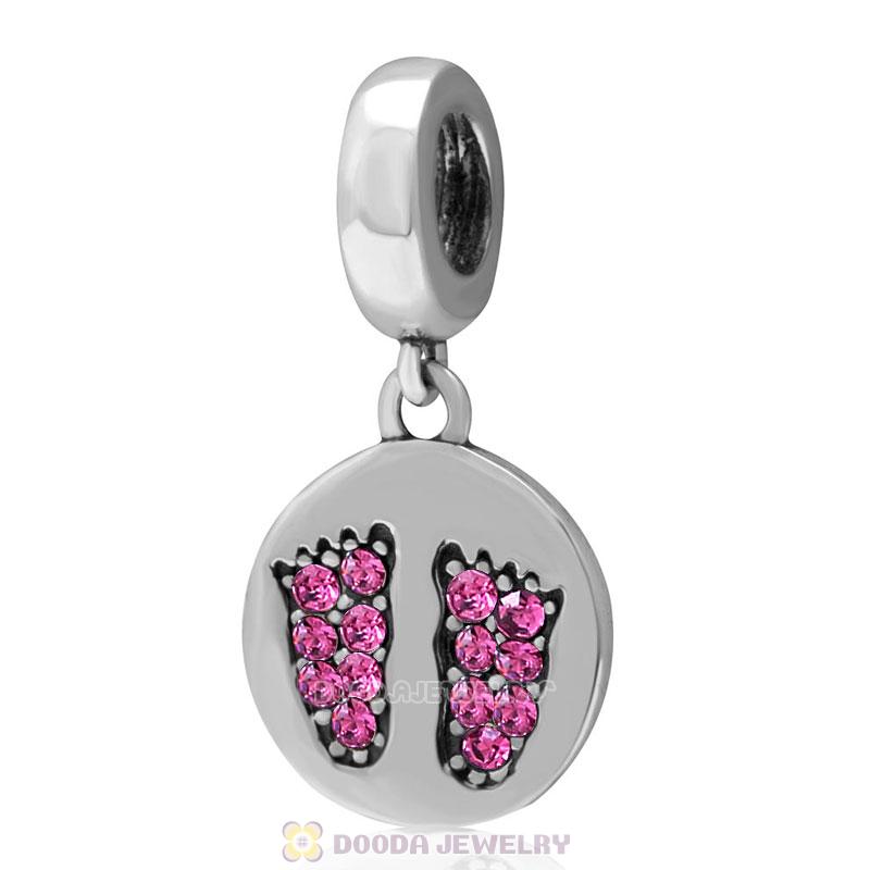 925 Sterling Silver Rose Crystal Pave Dangle Baby Feet Charm 