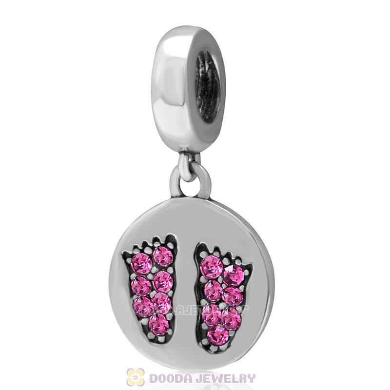 925 Sterling Silver Rose Crystal Pave Dangle Baby Feet Charm