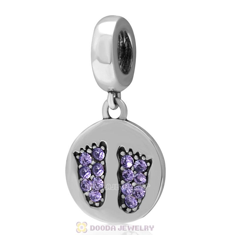 925 Sterling Silver Tanzanite Crystal Pave Dangle Baby Feet Charm 