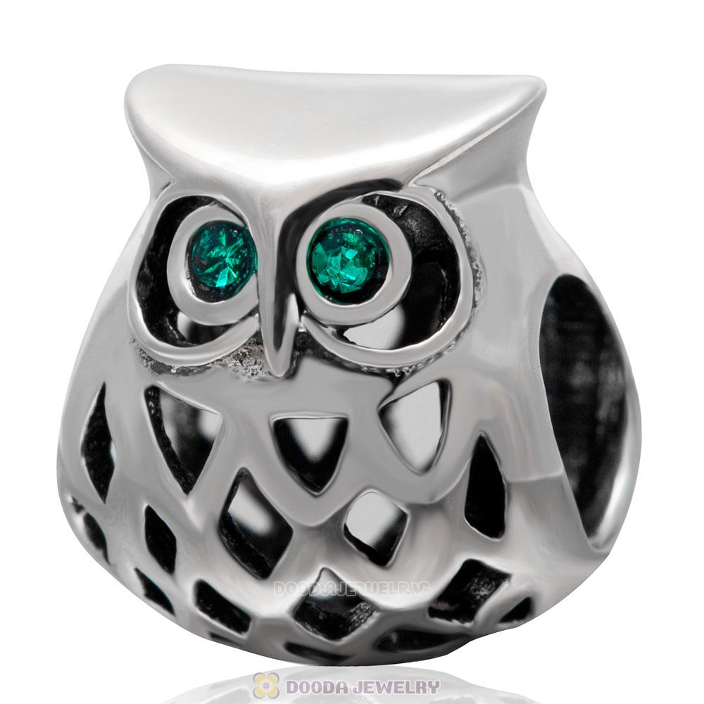 925 Sterling Silver Wise Owl Emerald Crystal Eye Charm Bead 
