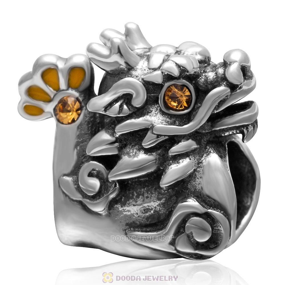 Antique 925 Sterling Silver Dragon Charm Bead with Topaz Crystal 