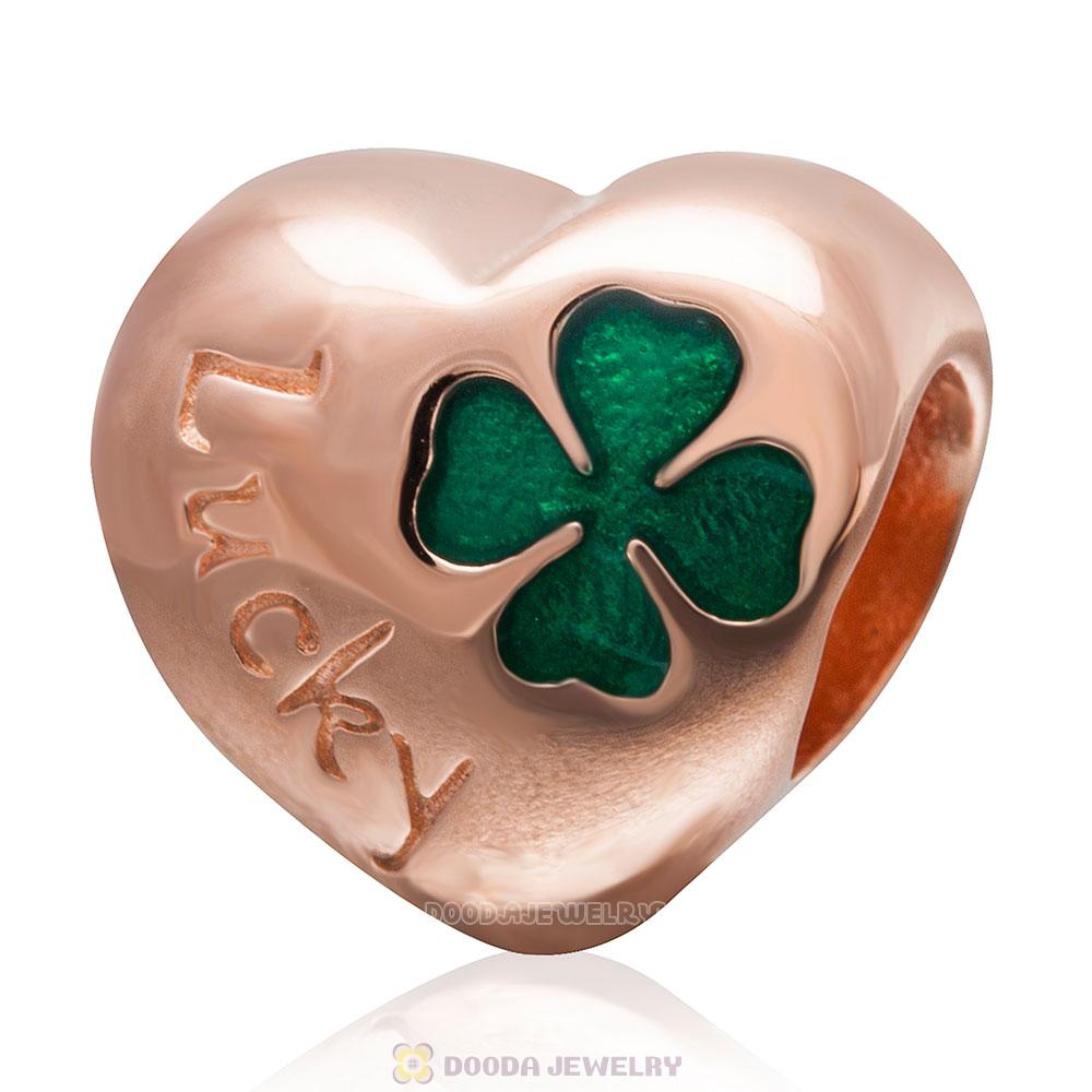 925 Sterling Silver Rose Gold Charm Lucky Clover Heart Bead