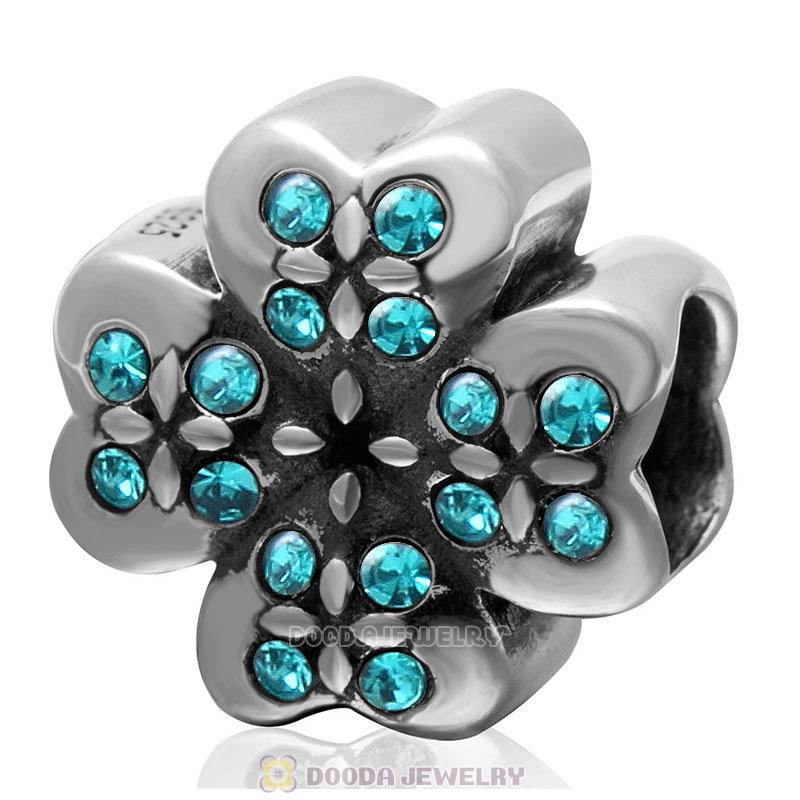 925 Sterling Silver Lucky Four Leaf Clover with Blue Zircon Crystal Charm Bead