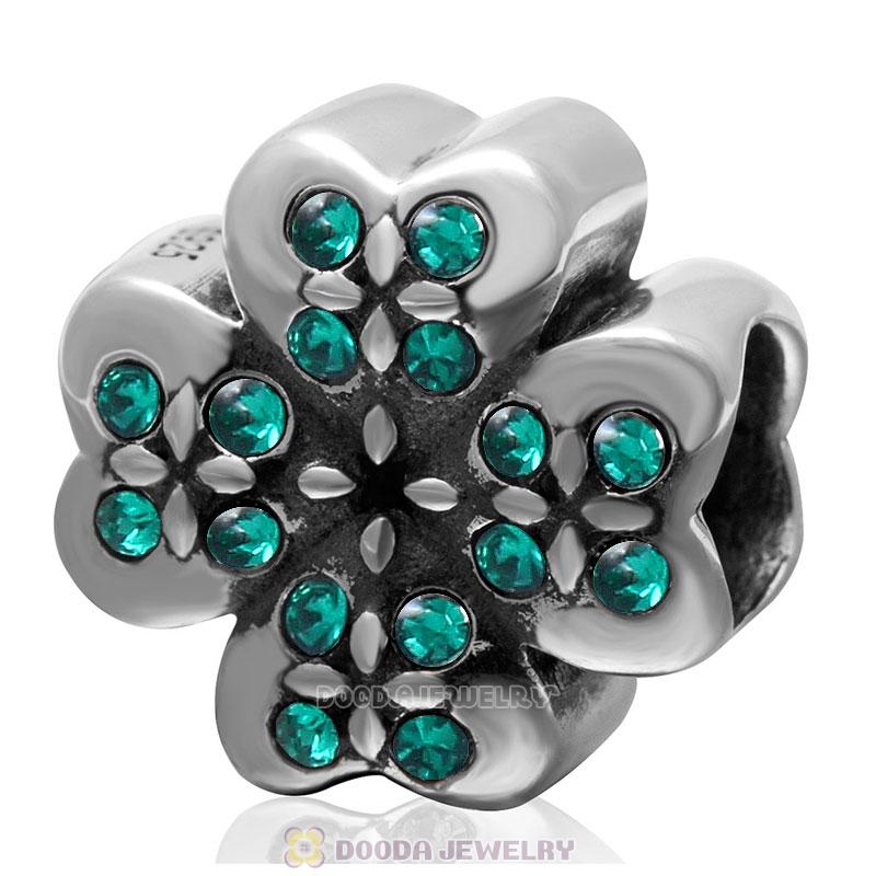 925 Sterling Silver Lucky Four Leaf Clover with Emerald Crystal Charm Bead