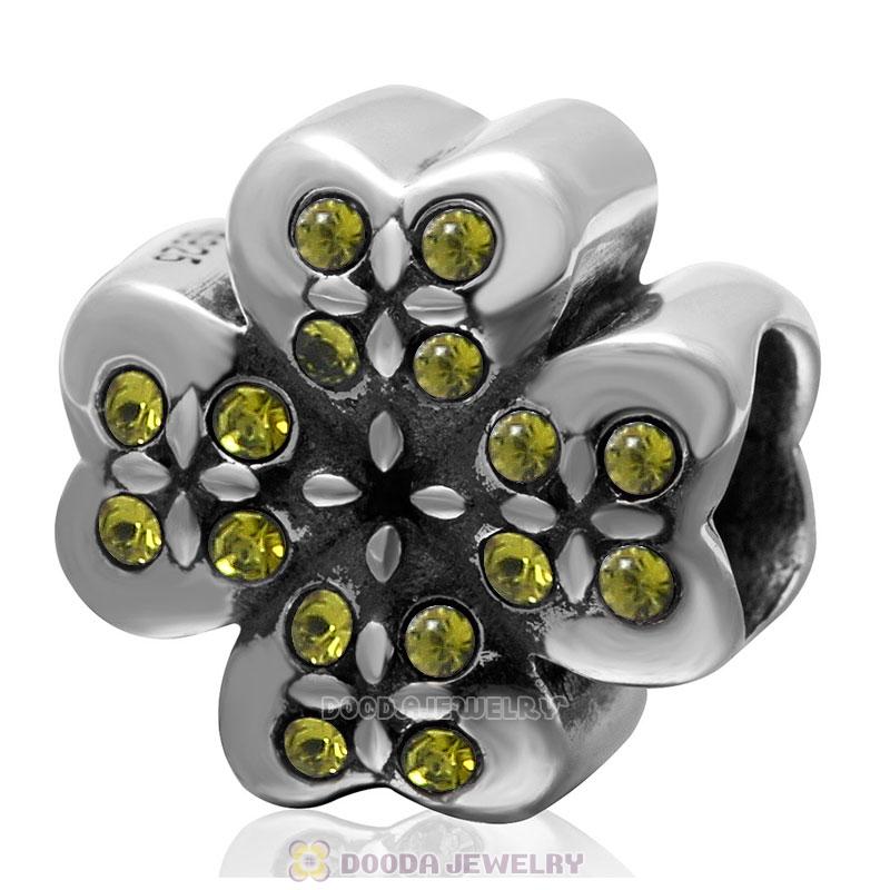 925 Sterling Silver Lucky Four Leaf Clover with Olivine Crystal Charm Bead