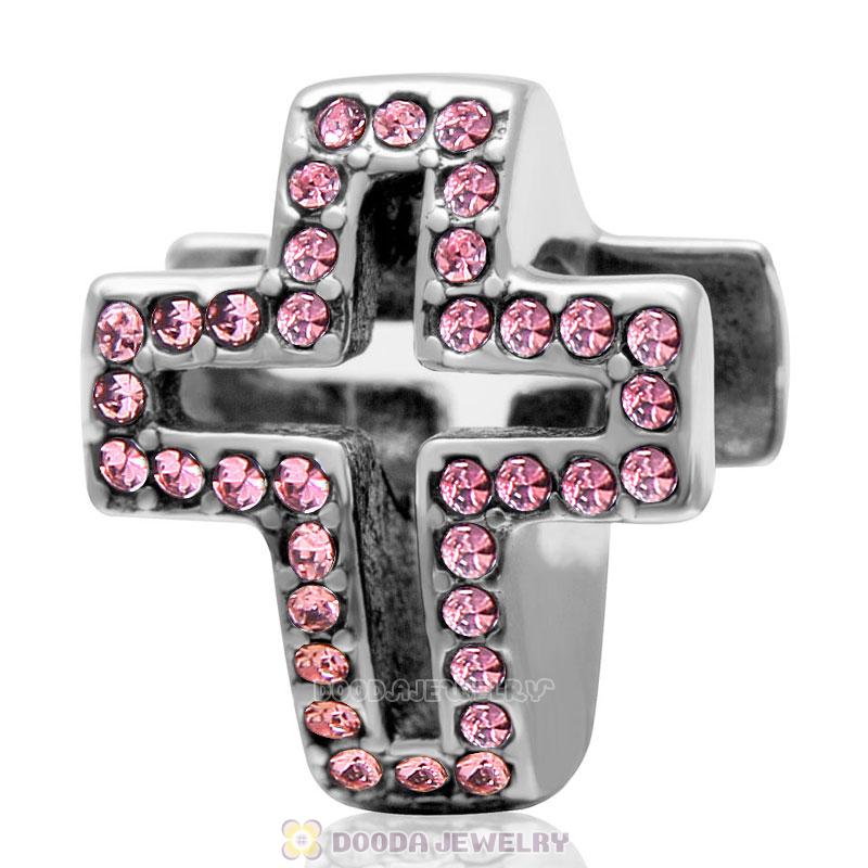 Lt Rose Crystal Pave Christian Cross Charm 925 Sterling Silver
