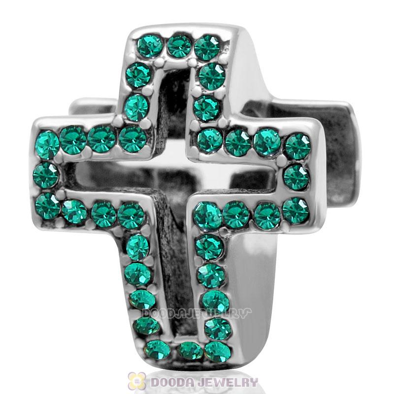 Emerald Crystal Pave Christian Cross Charm 925 Sterling Silver 