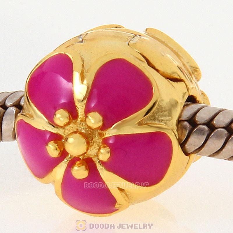 Gold Plated Sterling Silver Cherry Blossom Rose Enamel Clip Beads 