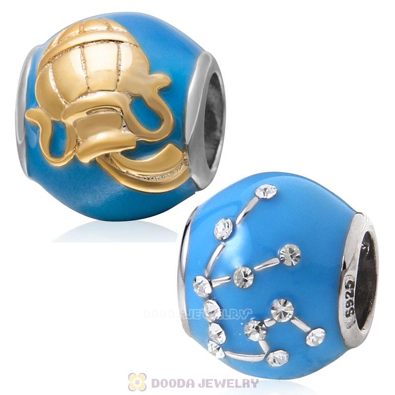 925 Sterling Silver Enamel Charm Zodiac Sign Aquarius Bead 