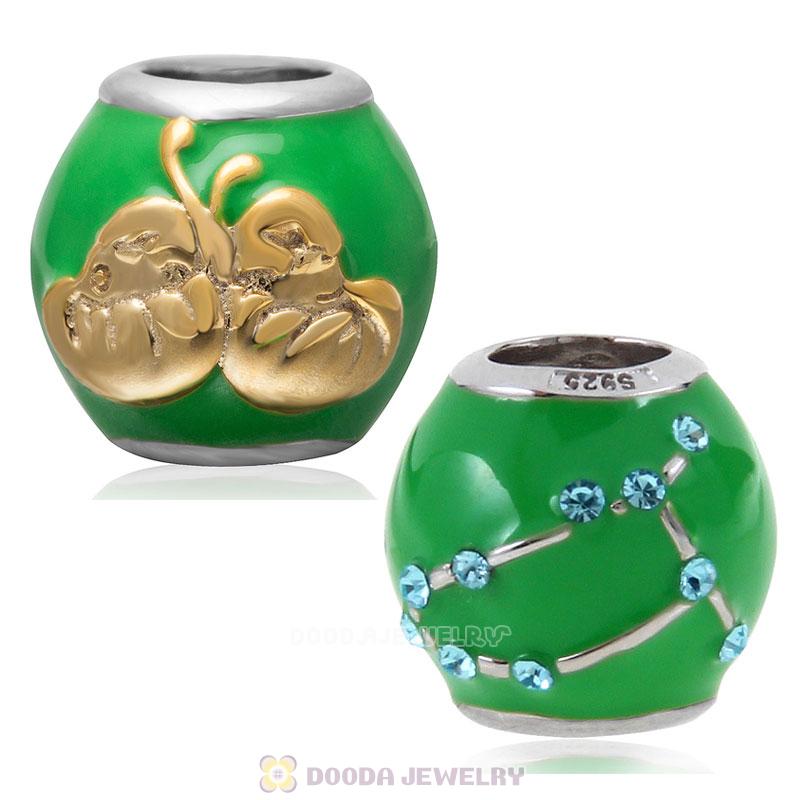 925 Sterling Silver Green Enamel Charm Zodiac Sign Gemini Bead 
