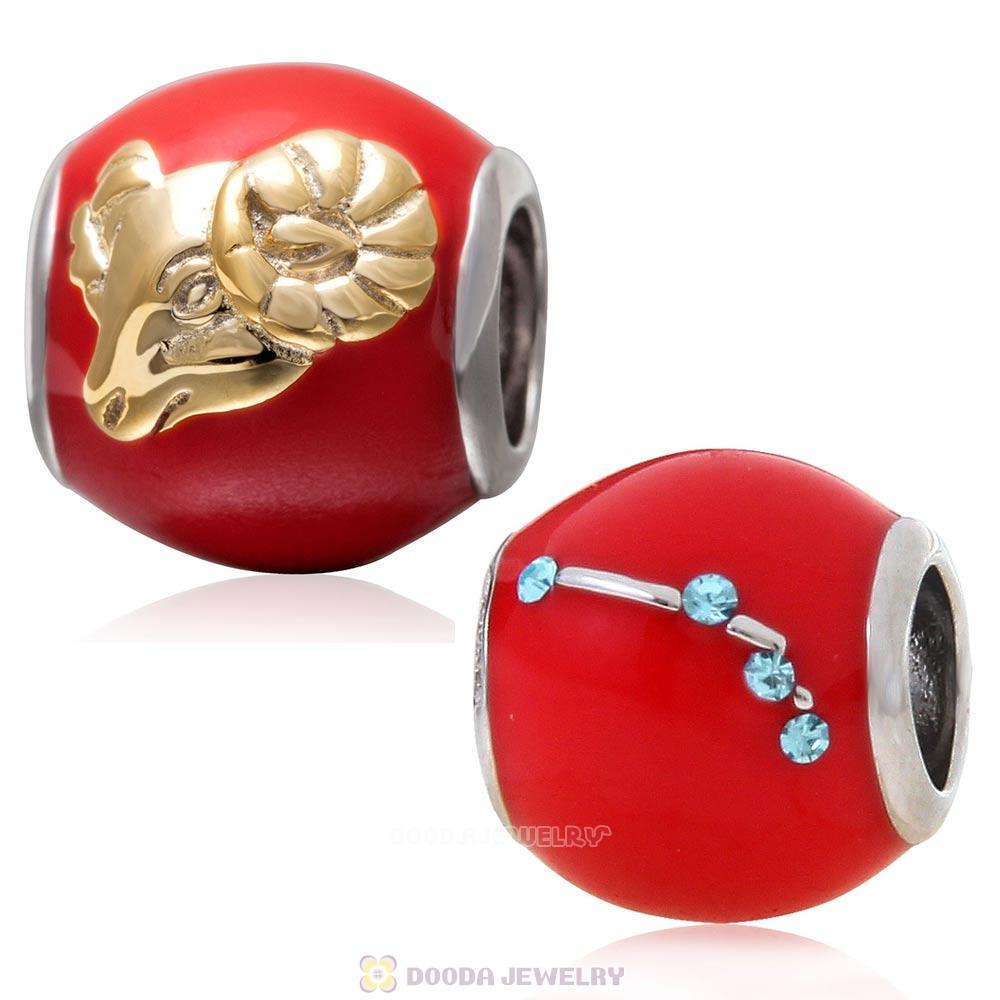 925 Sterling Silver Red Enamel Charm Zodiac Sign Aries Bead 