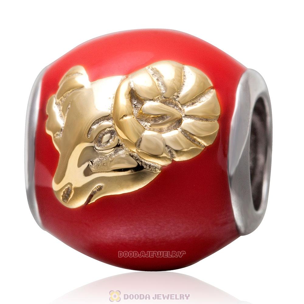 925 Sterling Silver Red Enamel Charm Zodiac Sign Aries Bead 