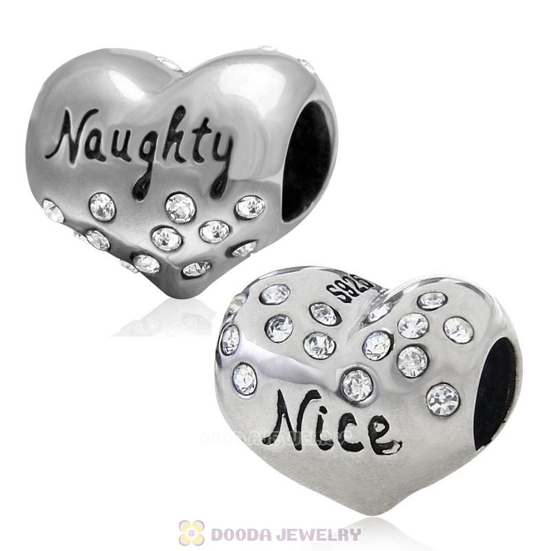 925 Sterling Silver Nice or Naughty Heart Bead with Clear Crystal 