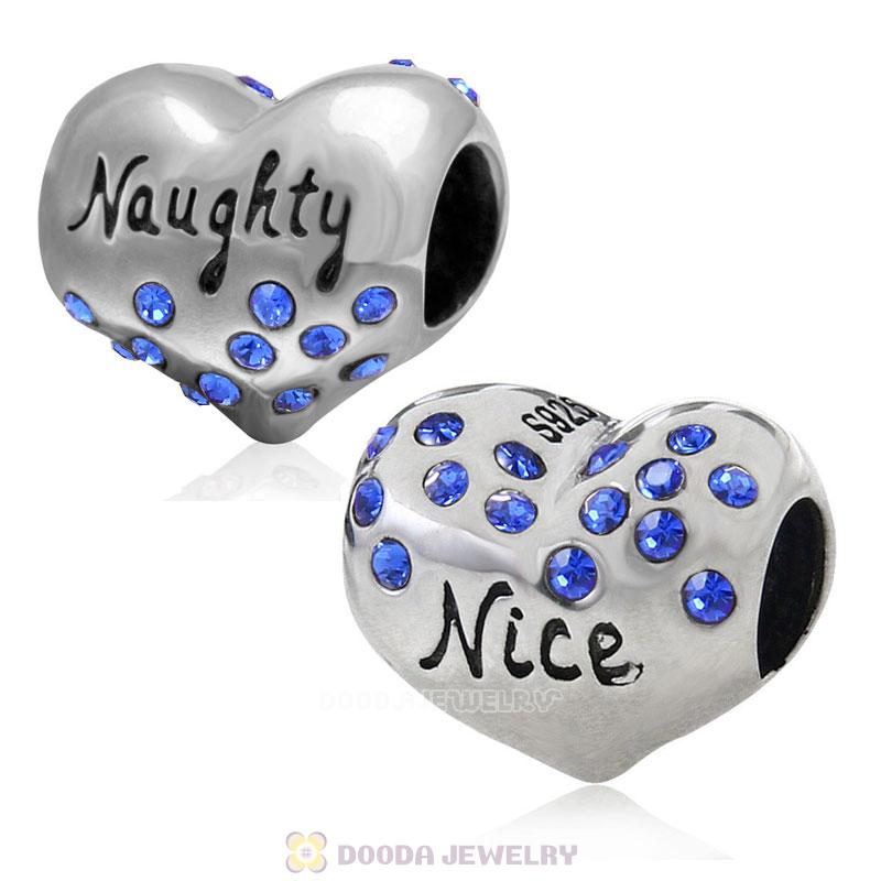 925 Sterling Silver Nice or Naughty Heart Bead with Sapphire Crystal 