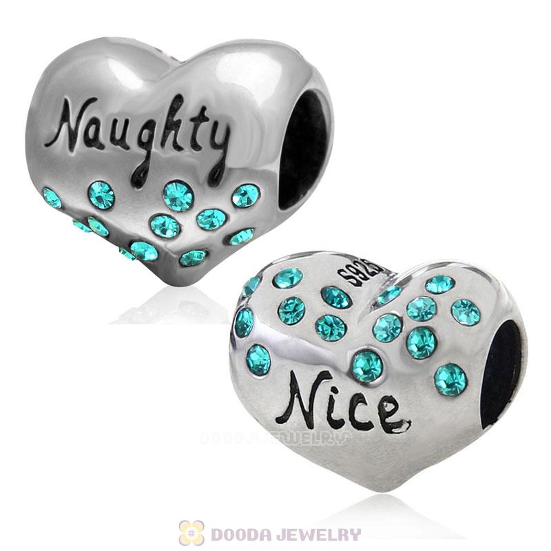 925 Sterling Silver Nice or Naughty Heart Bead with Blue Zircon Crystal 