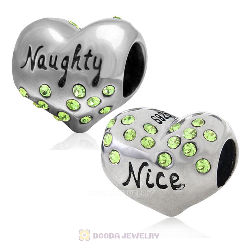 925 Sterling Silver Nice or Naughty Heart Bead with Peridot Crystal 