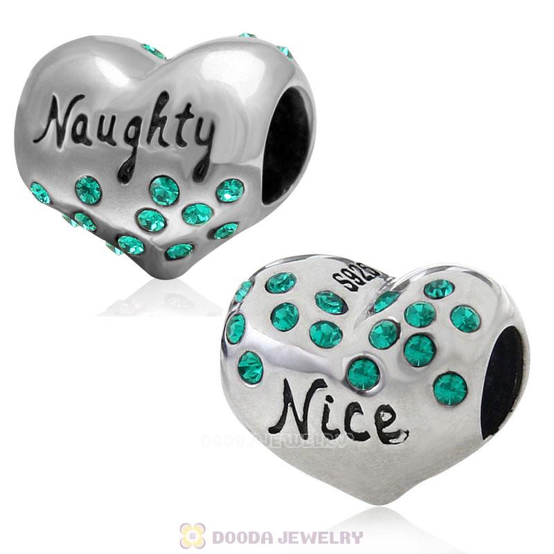 925 Sterling Silver Nice or Naughty Heart Bead with Emerald Crystal 