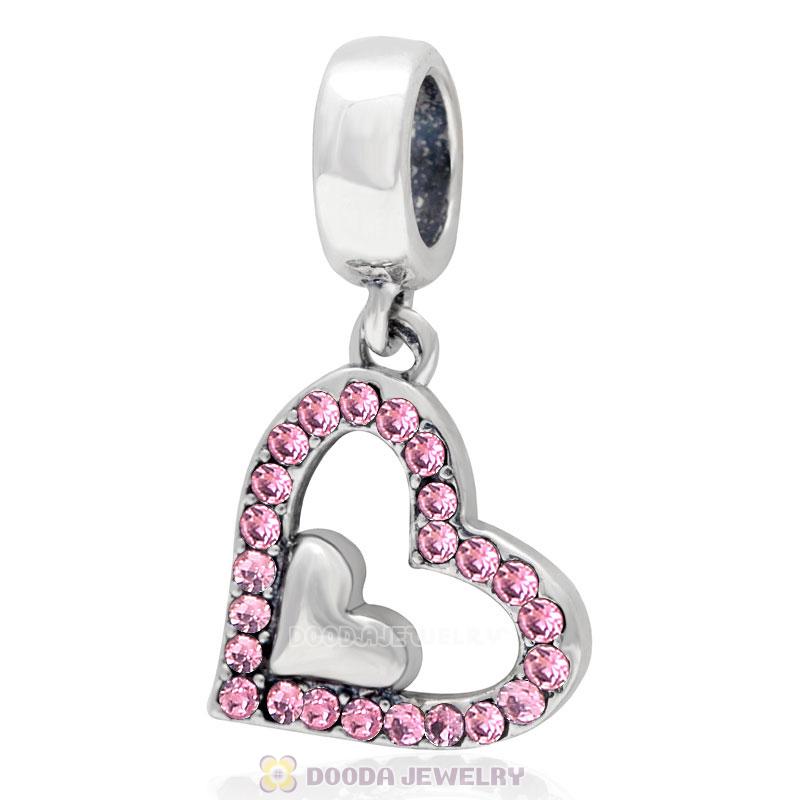 925 Sterling Silver Lt Rose Crystal Heart Pendant Charm