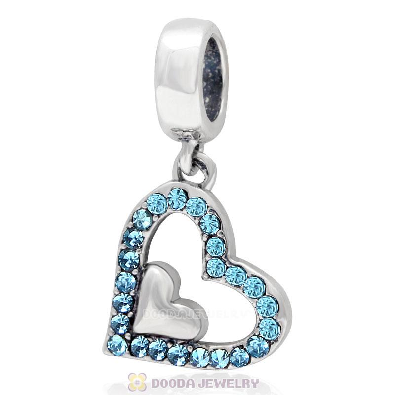 925 Sterling Silver Aquamarine Crystal Heart Pendant Charm