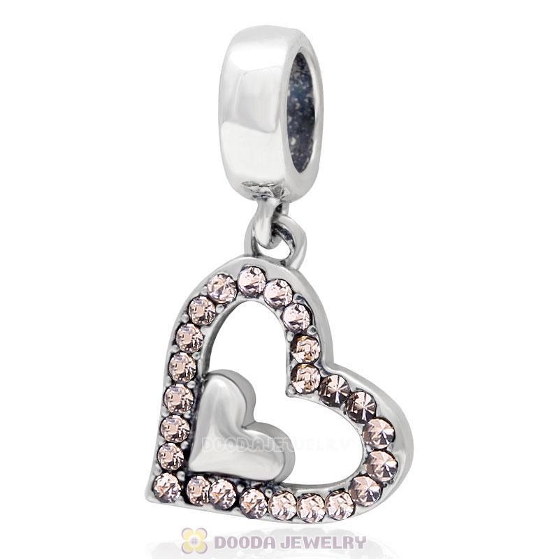 925 Sterling Silver Lt Peach Crystal Heart Pendant Charm