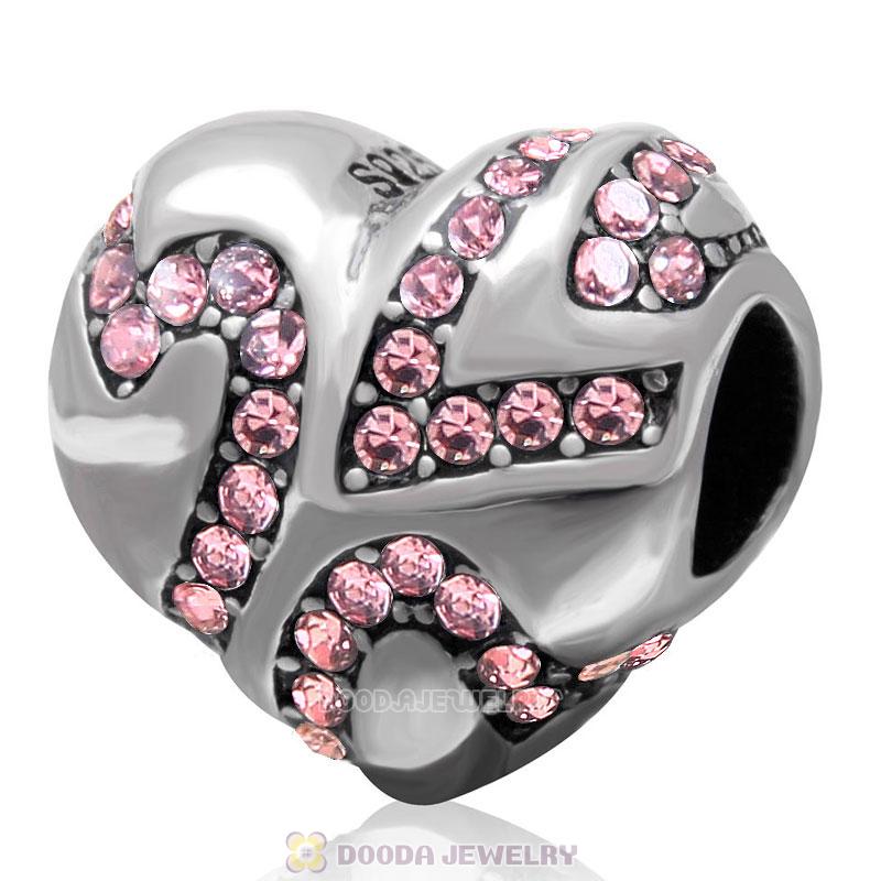European Style Sterling Silver Heart Bead with Lt Rose Crystal 