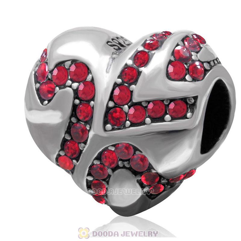 European Style Sterling Silver Heart Bead with Lt Siam Crystal 