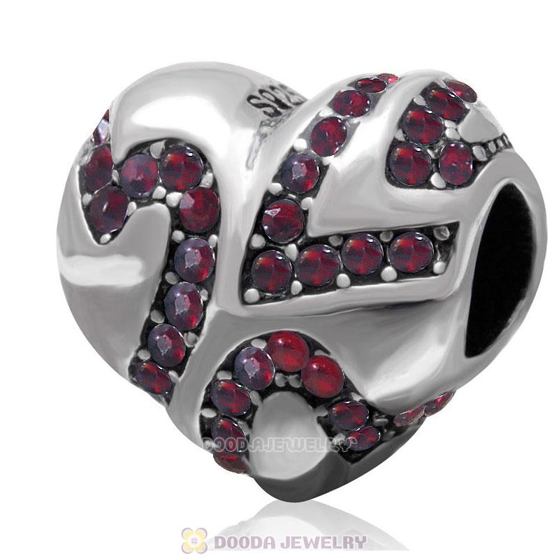 European Style Sterling Silver Heart Bead with Siam Crystal 