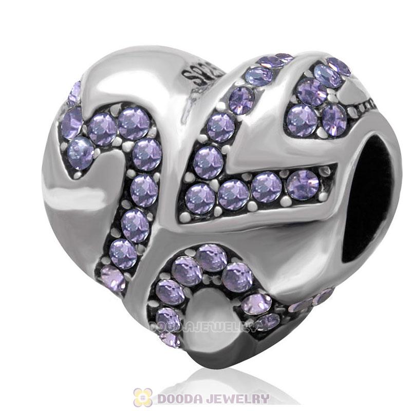 European Style Sterling Silver Heart Bead with Tanzanite Crystal 