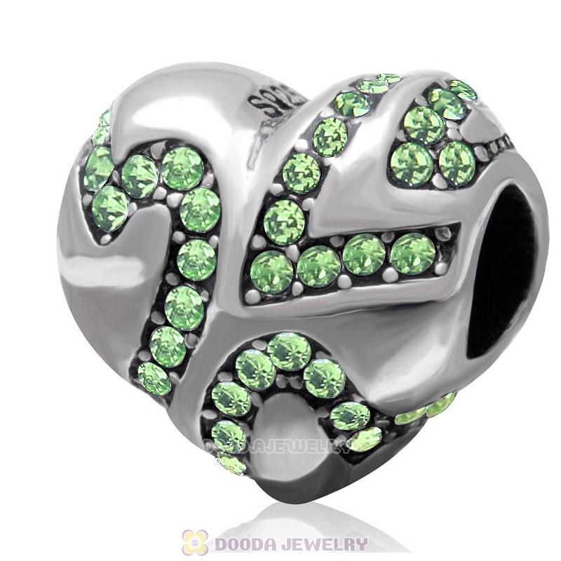 European Style Sterling Silver Heart Bead with Peridot Crystal