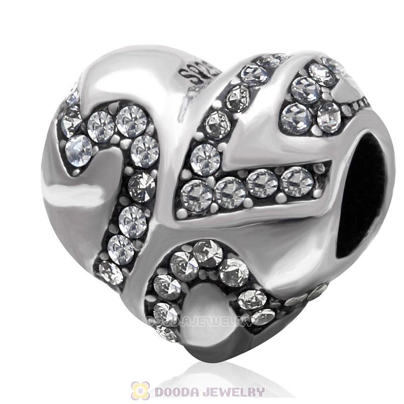 European Style Sterling Silver Heart Bead with Black Diamond Crystal 