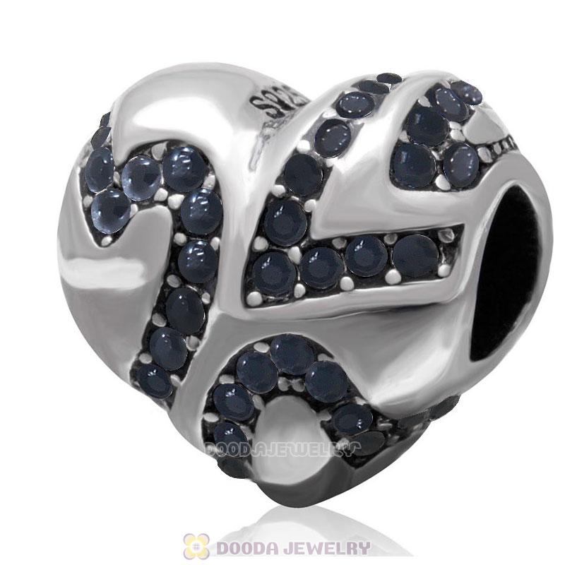European Style Sterling Silver Heart Bead with Jet Crystal 