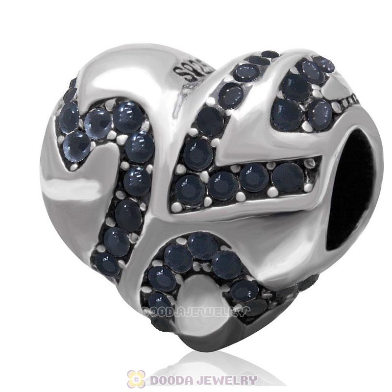 European Style Sterling Silver Heart Bead with Jet Crystal