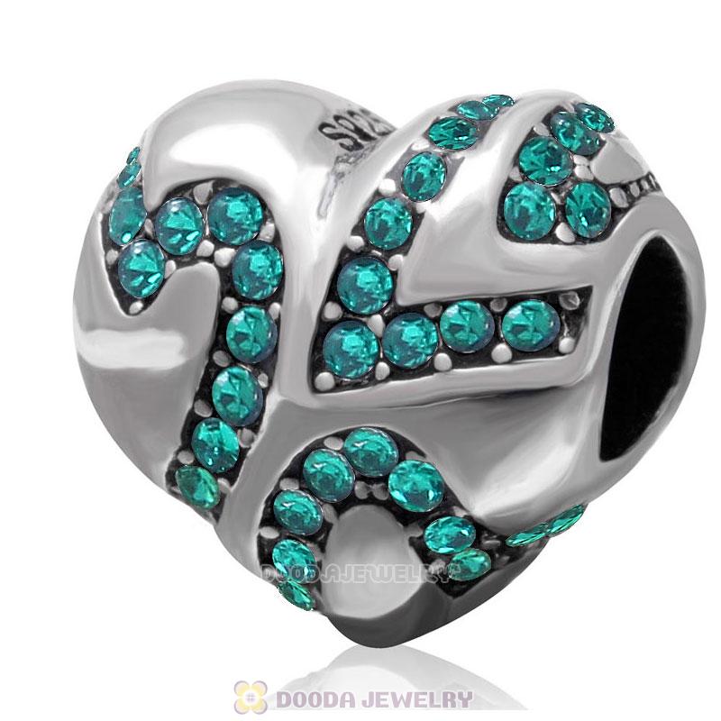 European Style Sterling Silver Heart Bead with Emerald Crystal 