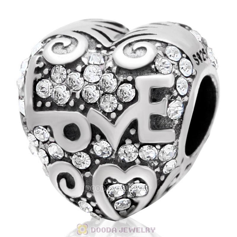 Heart with Love Charm Clear Austrian Crystal Bead 925 Sterling Silver