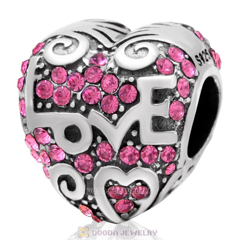 Heart with Love Charm Rose Austrian Crystal Bead 925 Sterling Silver