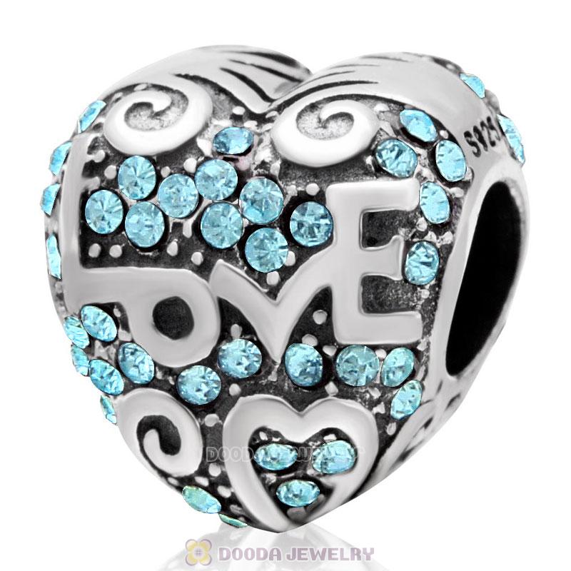 Heart with Love Charm Aquamarine Austrian Crystal Bead 925 Sterling Silver