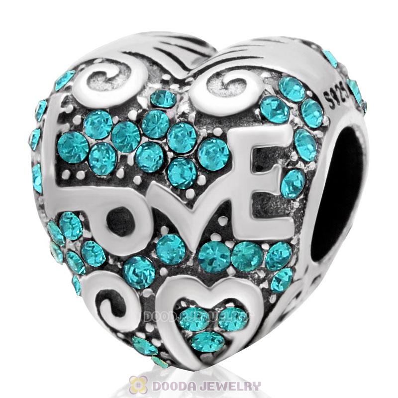 Heart with Love Charm Blue Zircon Austrian Crystal Bead 925 Sterling Silver