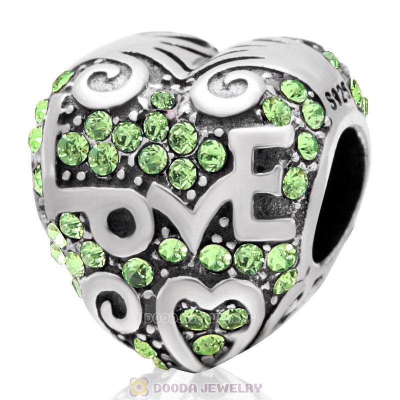 Heart with Love Charm Peridot Austrian Crystal Bead 925 Sterling Silver