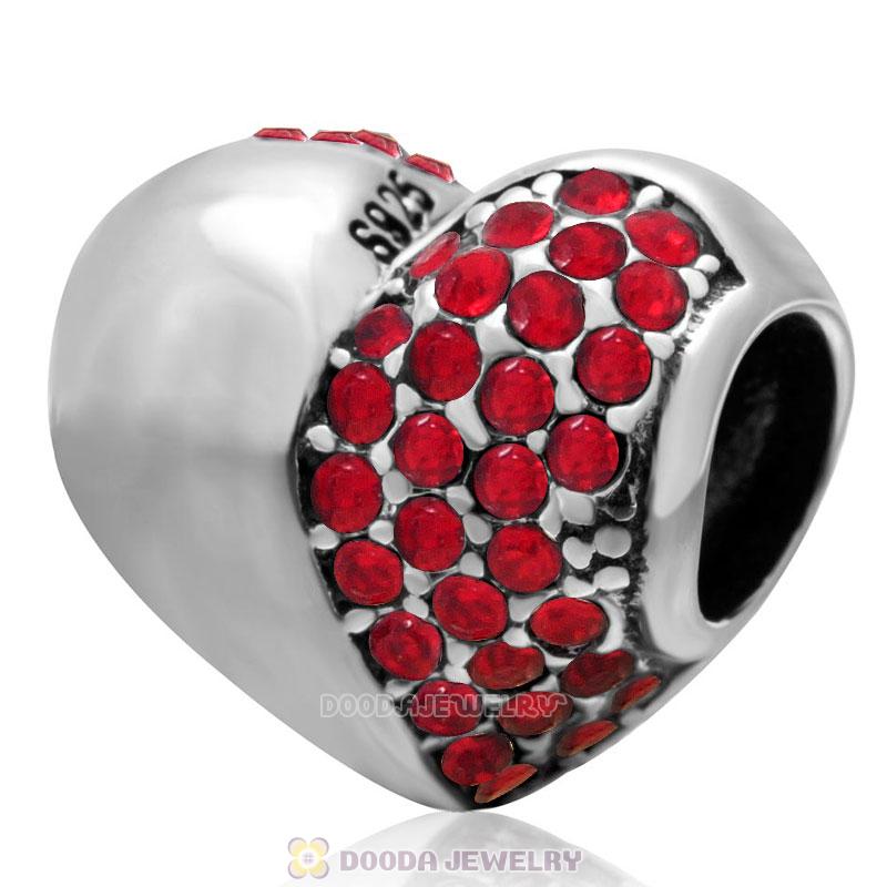 925 Sterling Silver Lt Siam Sparkly Crystal Heart Bead 