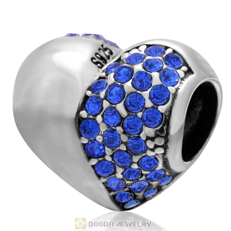 925 Sterling Silver Sapphire Sparkly Crystal Heart Bead 