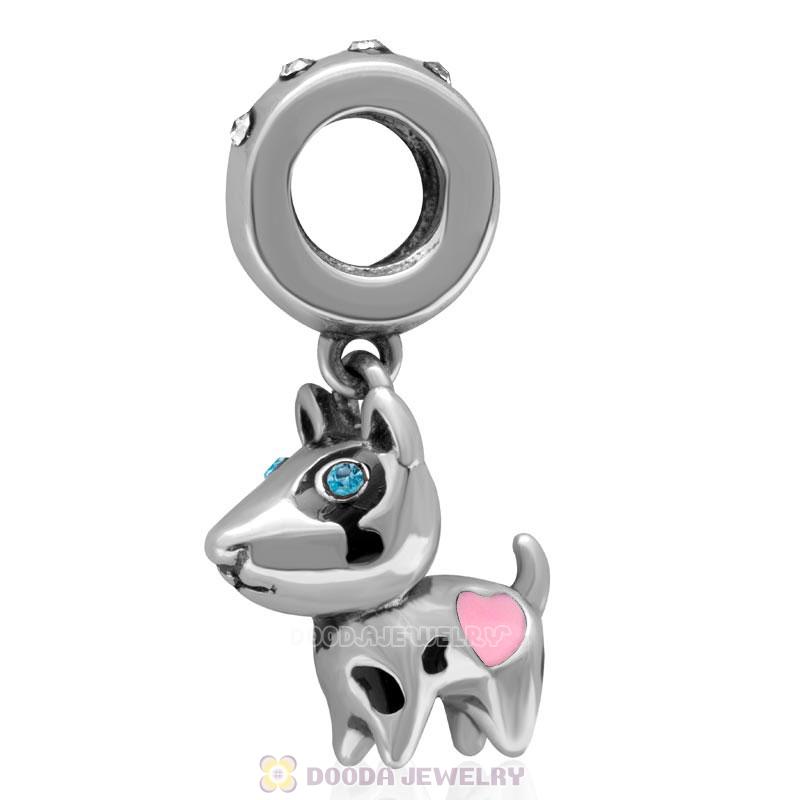 925 Sterling Silver Lovely Doggie with Clear Crystal  Dangle Charm 