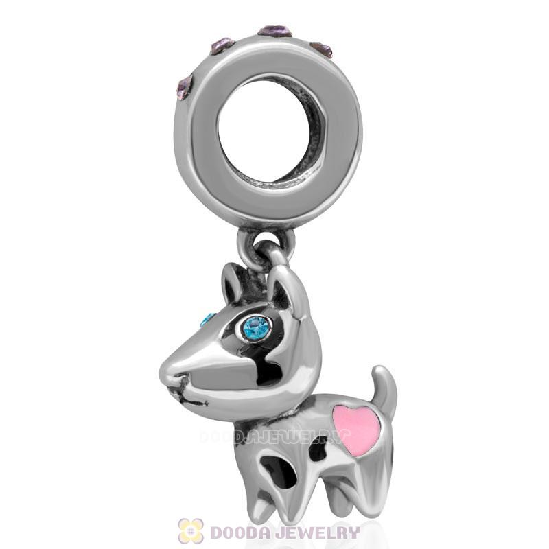 925 Sterling Silver Lovely Doggie with Tanzanite Crystal Dangle Charm
