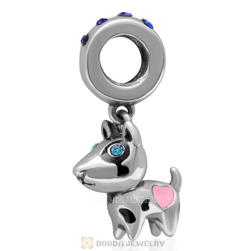 925 Sterling Silver Lovely Doggie with Sapphire Crystal Dangle Charm