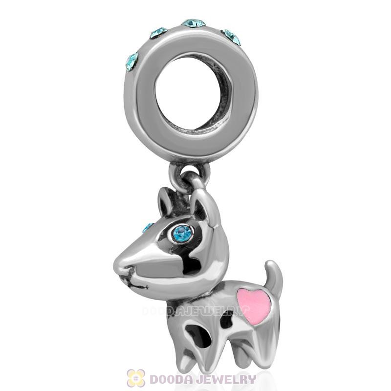 925 Sterling Silver Lovely Doggie with Aquamarine Crystal  Dangle Charm 