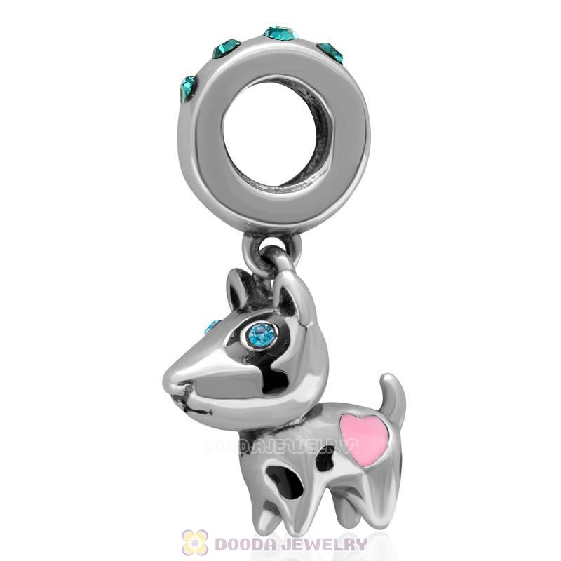 925 Sterling Silver Lovely Doggie with Blue Zircon Crystal Dangle Charm