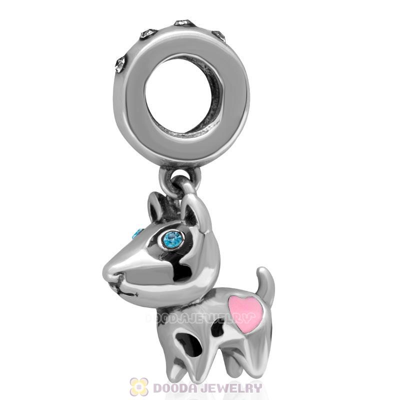 925 Sterling Silver Lovely Doggie with Black Diamond Crystal  Dangle Charm 