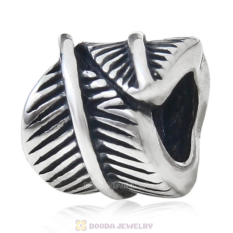 Antique Sterling Silver Feather Charm Bead European Spacers 