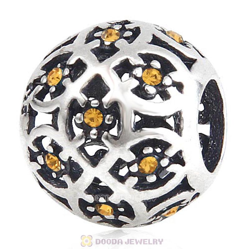 Sterling Silver Intricate Lattice Bead with Topaz Austrian Crystal