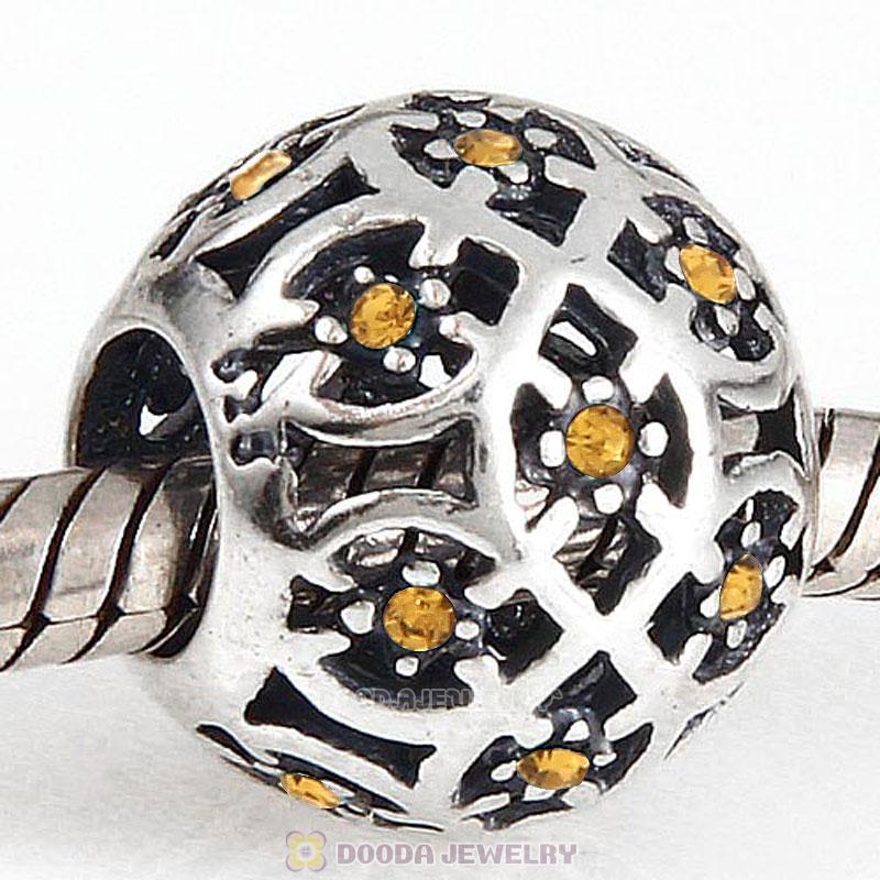 Sterling Silver Intricate Lattice Bead with Topaz Austrian Crystal