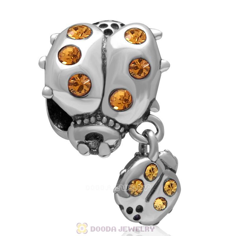 925 Sterling Silver Ladybug with Dangling Smaller Ladybug and Topaz Crystals Charm Bead 